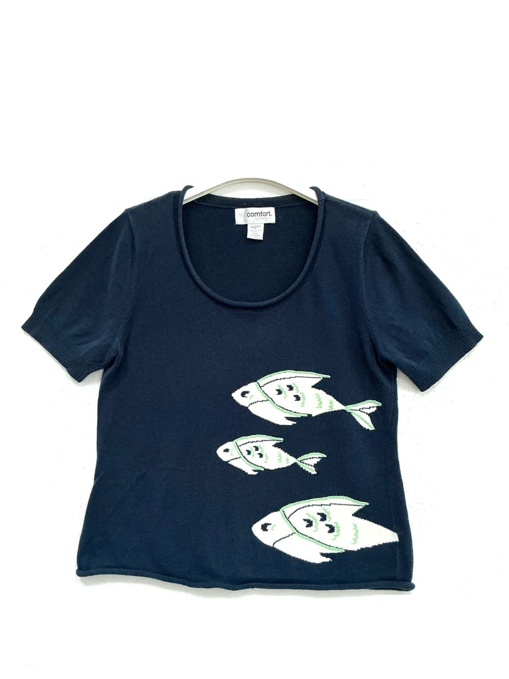 Navy Short-Sleeve Fish Embroidery Top